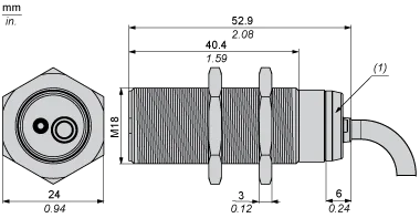 Induktiver Sensor, XS1, M18, Messing, Sn 5 mm, NPN, Schließer, Kabel 2 m, L 53 mm, 12...24 V DC, bündig, 3-Leiter - 2
