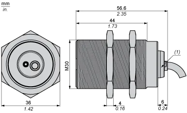 Endüktif sensör, XS1, M30, pirinç, Sn 10 mm, NPN, NA, kablo 2 m, L 57 mm, 12...24 V DC, düz, 3 telli - 2