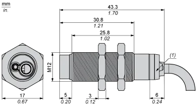 Capteur inductif, XS2, M12, laiton, Sn 4 mm, NPN, NO, câble 2 m, L44 mm, 12...24 VDC, non noyable, 3 fils - 2