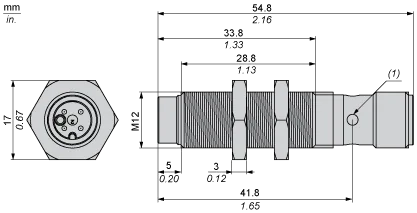 Inductive sensor, XS2, M12, brass, Sn 4 mm, NPN, NO, M12 connector, L55 mm, 12...24 VDC, non-flush, 3 wires - 2
