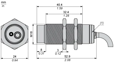 Détecteur inductif, XS2, M18, laiton, Sn 8 mm, NPN, NO, câble 2 m, L 53 mm, 12...24 VDC, non noyable, 3 fils - 2