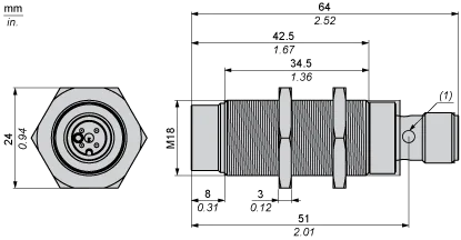 Induktiver Sensor, XS2, M18, Messing, Sn 8 mm, NPN, Schließer, M12 Stecker, L 64 mm, 12...24 VDC, nicht bündig, 3 Drähte - 2
