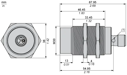 Inductive sensor, XS2, M30, brass, Sn 15 mm, PNP, NO, M12 connector, L68 mm, 12...24 VDC, non-flush, 3 wires - 2