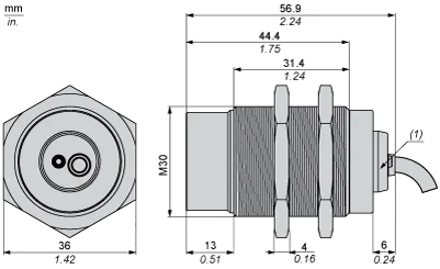 Induktiver Sensor, XS2, M30, Messing, Sn 15 mm, PNP, NC, Kabel 2 m, L57 mm, 12...24 VDC, nicht bündig, 3-Leiter - 2