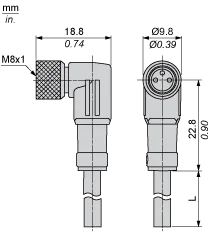 Önceden kablolanmış konnektör XZ, dirsekli dişi, M8, 3-pin, PUR kablo, 5 m - 2