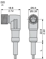Önceden kablolanmış konnektör XZ, dirsekli dişi, M8, 4-pin, PUR kablo, 2 m - 2