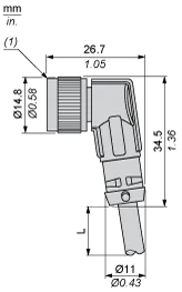 Pre-wired connector XZ, elbowed female, 1/2"20 UNF, 3-pin, PVC cable, 2 m - 2